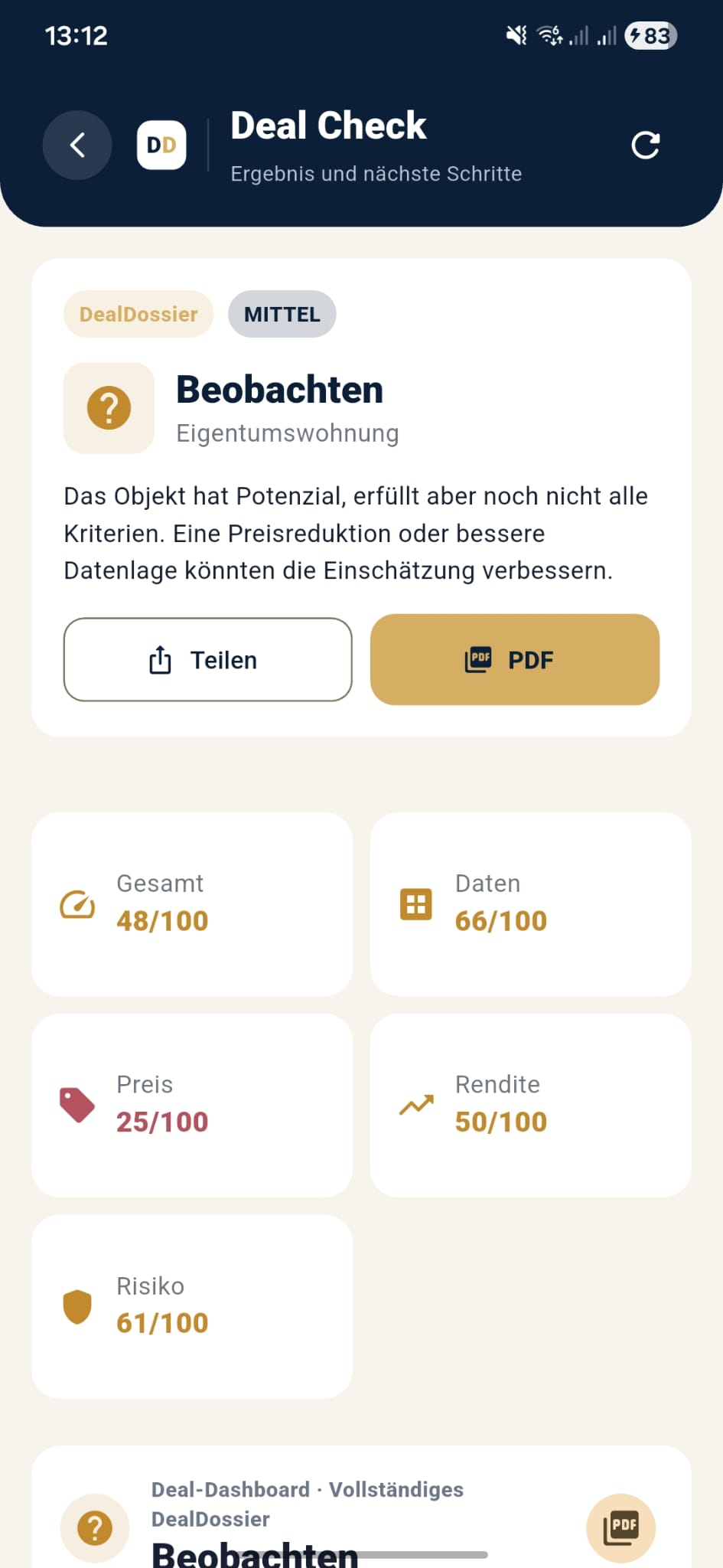 DealDossier App Screenshot mit Deal-Check-Ergebnis